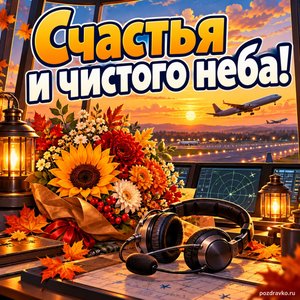 Открытка «Счастья и чистого неба!» с гарнитурой и букетом в сиянии уютных фонариков