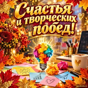 Открытка «Счастья и творческих побед!» с цветными бумажными идеями в рамке из кленовых листьев