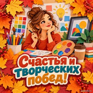 Открытка «Счастья и творческих побед!» с дизайнером и палитрой в рамке из кленовых листьев