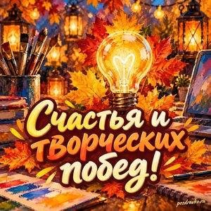 Открытка «Счастья и творческих побед!» с лампочкой и кленовыми листьями в сиянии уютных фонариков