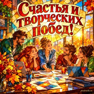 Открытка «Счастья и творческих побед!» с творческой командой за столом при золотом солнечном свете