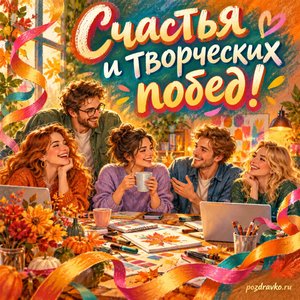 Открытка «Счастья и творческих побед!» с творческой командой за столом с нарядными праздничными лентами