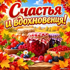 Открытка «Счастья и вдохновения!» с баночками варенья и ягодами в рамке из кленовых листьев