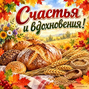 Открытка «Счастья и вдохновения!» с хлебом и колосьями в рамке из кленовых листьев