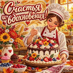 Открытка «Счастья и вдохновения!» с кондитером и ярким тортом при золотом солнечном свете