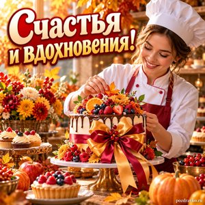 Открытка «Счастья и вдохновения!» с кондитером и ярким тортом с нарядными праздничными лентами