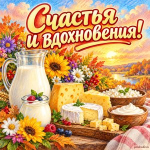 Открытка «Счастья и вдохновения!» с молочными продуктами и цветами на фоне мягких осенних облаков