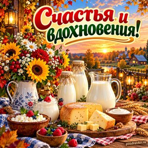 Открытка «Счастья и вдохновения!» с молочными продуктами и цветами в сиянии уютных фонариков