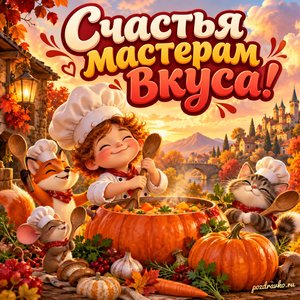 Открытка «Счастья мастерам вкуса!» с деревянными ложками и тыквой на фоне мягких осенних облаков