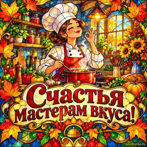 Открытка «Счастья мастерам вкуса!» с маленькой уютной кухней в рамке из кленовых листьев