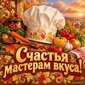 Открытка «Счастья мастерам вкуса!» с поварским колпаком и овощами на фоне мягких осенних облаков