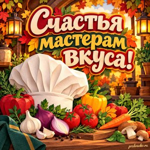 Открытка «Счастья мастерам вкуса!» с поварским колпаком и овощами в сиянии уютных фонариков