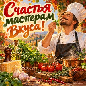 Открытка «Счастья мастерам вкуса!» с яркими специями и зеленью при золотом солнечном свете