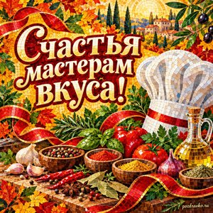 Открытка «Счастья мастерам вкуса!» с яркими специями и зеленью с нарядными праздничными лентами