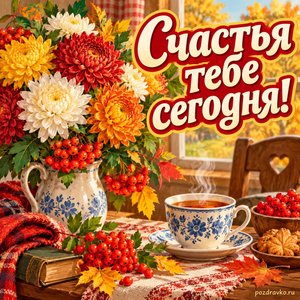 Открытка «Счастья тебе сегодня!» с хризантемами и рябиной