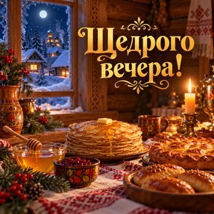 Открытка «Щедрого вечера!» с угощениями на Щедрый вечер