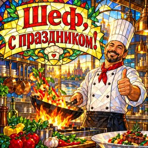 Открытка «Шеф, с праздником!» с пламенем в воке