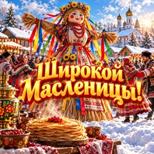 Открытка «Широкой Масленицы!» с чучелом Масленицы на площади