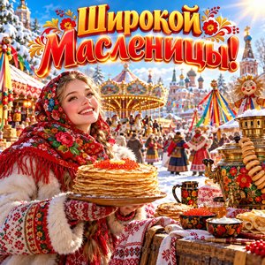 Открытка «Широкой Масленицы!» с ярмаркой и каруселью