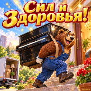 Открытка «Сил и здоровья!» с медведем и пианино