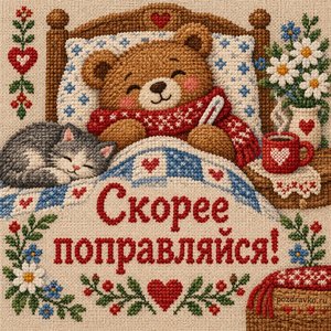 Открытка «Скорее поправляйся!» с мишкой в шарфе