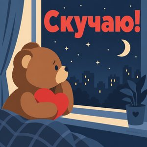Открытка «Скучаю!» с мишкой у окна