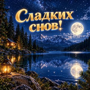 Открытка «Сладких снов!» с горным озером и луной