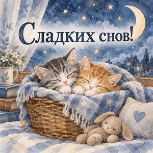 Открытка «Сладких снов!» с котятами в корзинке
