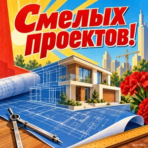 Открытка «Смелых проектов!» с домом из чертежа