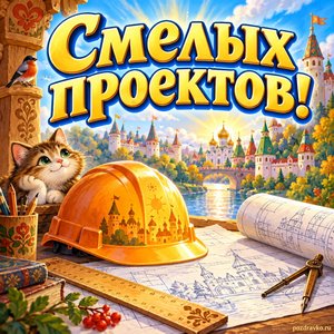 Открытка «Смелых проектов!» с каской и рулоном
