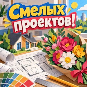 Открытка «Смелых проектов!» с планом и цветами