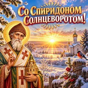 Открытка «Со Спиридоном Солнцеворотом!» с зимним солнцем