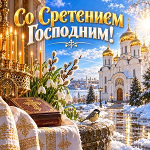 Открытка «Со Сретением Господним!» с храмом в февральский день