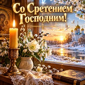 Открытка «Со Сретением Господним!» со свечой на рубеже зимы и весны