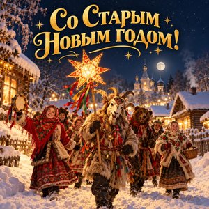 Открытка «Со Старым Новым годом!» с ряжеными в деревне