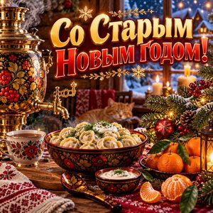 Открытка «Со Старым Новым годом!» с самоваром и варениками