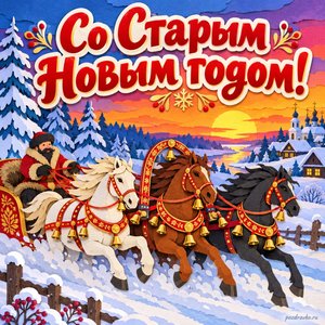Открытка «Со Старым Новым годом!» с тройкой на закате