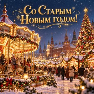 Открытка «Со Старым Новым годом!» с зимней ярмаркой и каруселью