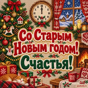 Открытка «Со Старым Новым годом! Счастья!» с часами в полночь