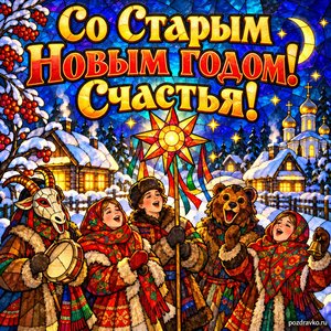 Открытка «Со Старым Новым годом! Счастья!» с колядками