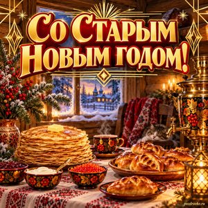 Открытка «Со Старым Новым годом!» со столом в избе