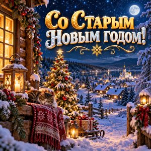 Открытка «Со Старым Новым годом!» со звёздной ночью в деревне