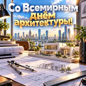 Открытка «Со Всемирным днём архитектуры!» с чертежами и макетом
