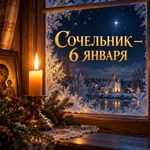 Открытка «Сочельник — 6 января» со свечой в ночном окне