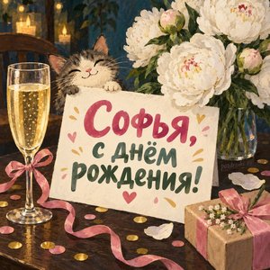 Открытка «Софья, с днём рождения!» Софье с шампанским и пионами