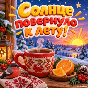 Открытка «Солнце повернуло к лету!» с чаем и апельсином