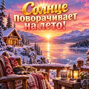 Открытка «Солнце поворачивает на лето!» с солнцем над озером