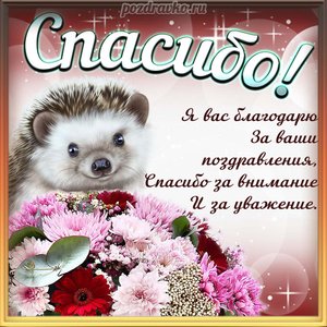 Открытка спасибо и благодарю с ежиком и букетом цветов