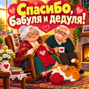 Открытка «Спасибо, бабуля и дедуля!» с вязанием в кресле
