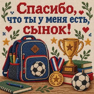 Открытка «Спасибо, что ты у меня есть, сынок!» с медалью и кубком